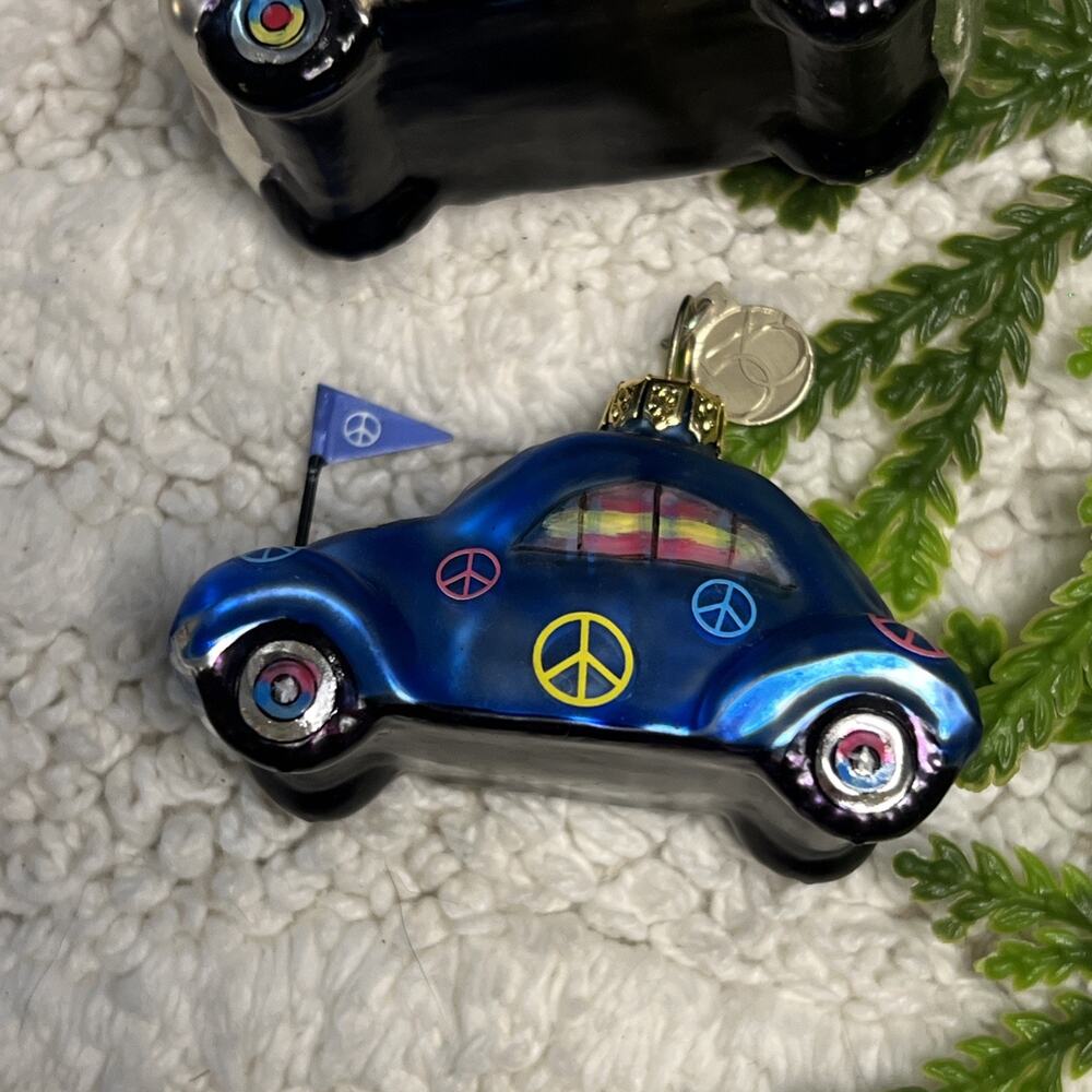 Dept 56 Set of 3 Glass Bug Beetle Car Ornaments Peace Lips Kiss Department - Picture 5 of 13